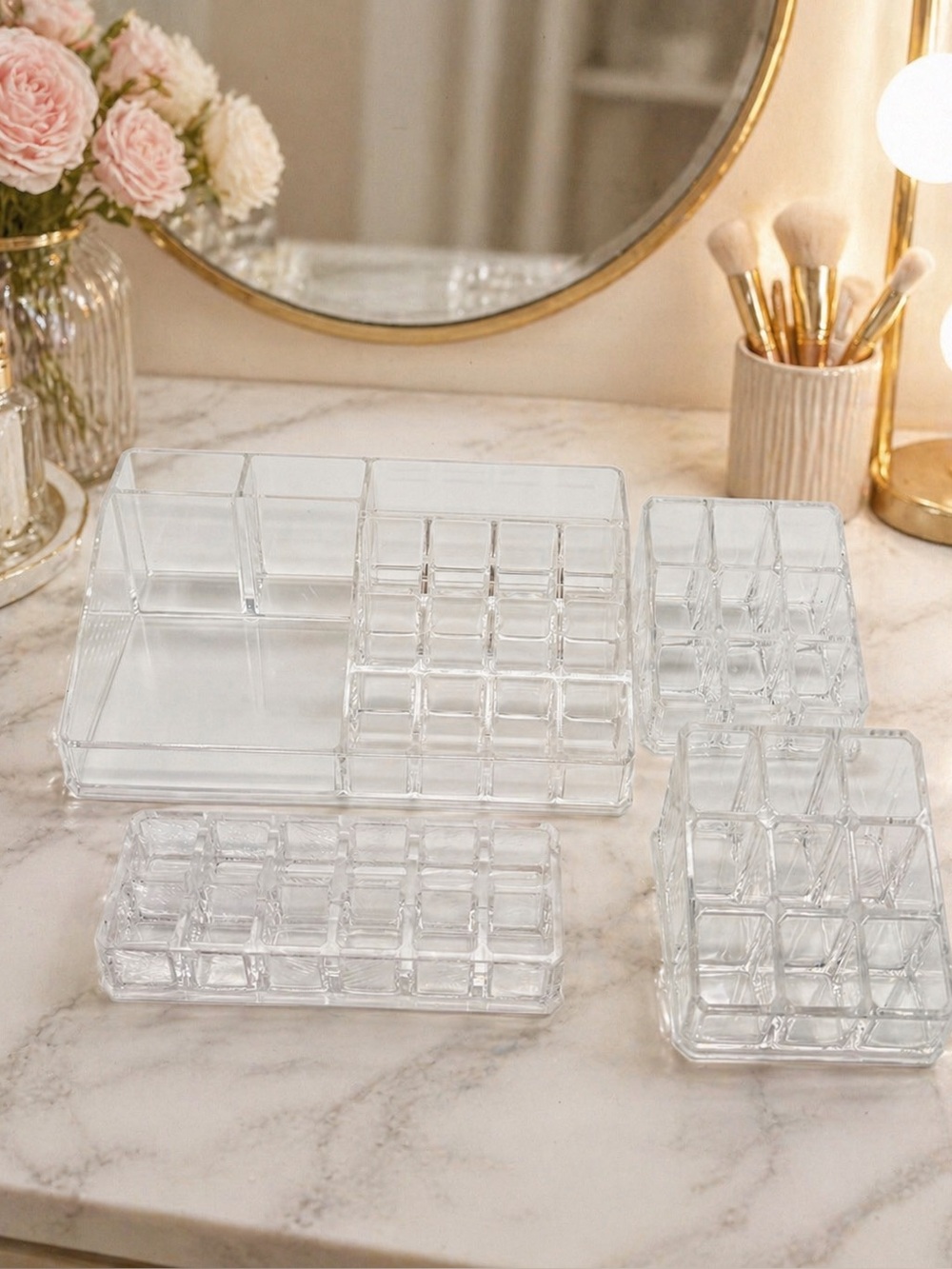 Clear Acrylic Makeup Organizer Set 4pc Lipstick Holder Vanity Storage
